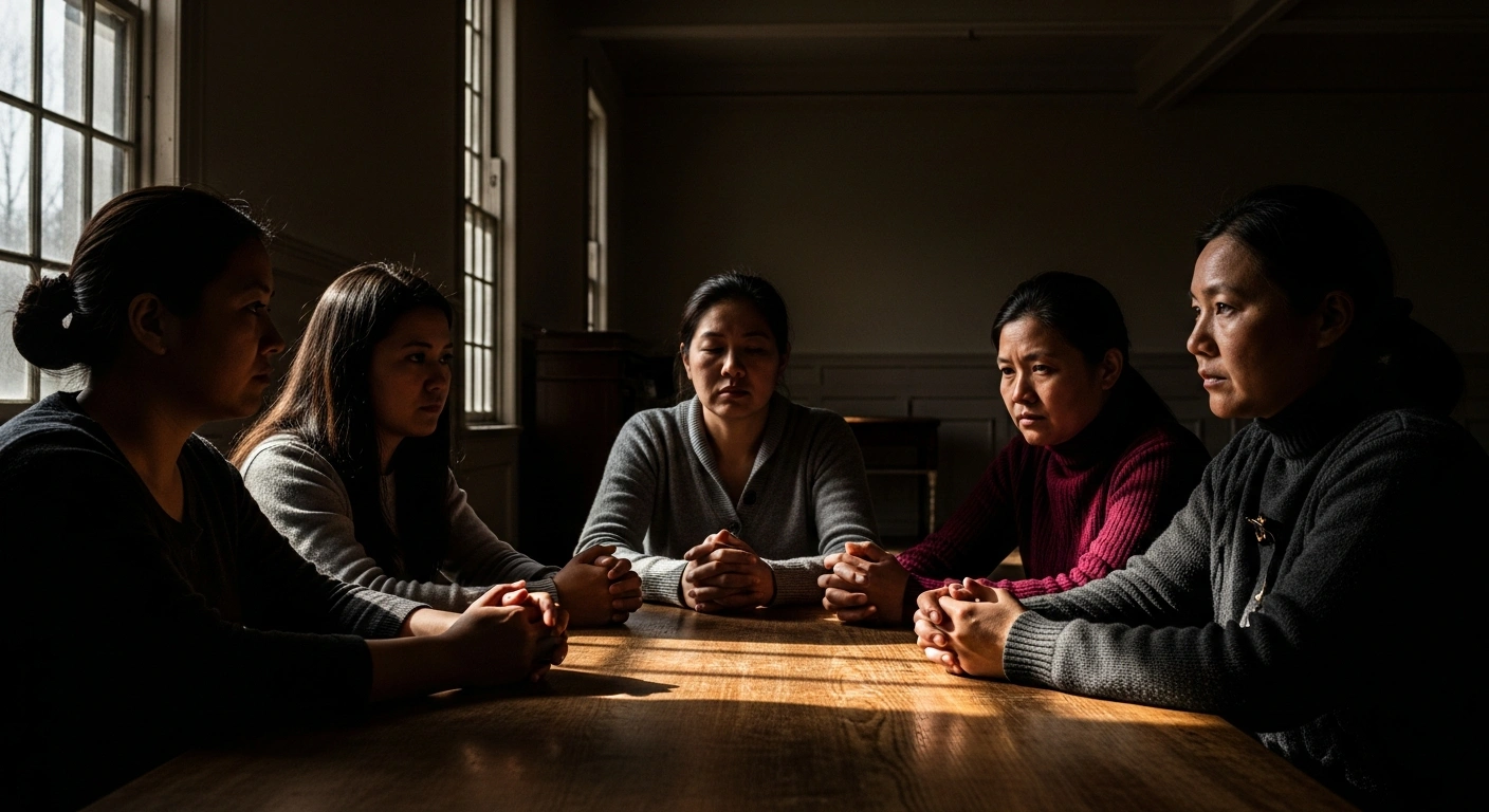 A group of women, former members of Opus Dei, are gathered around a worn wooden table in a dimly lit room, their faces illuminated by a single light source, representing their allegations of domestic servitude and exploitation.