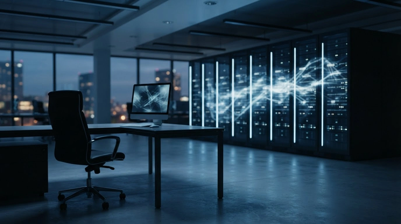 An empty office workstation at an Oracle facility represents the company's global restructuring and pivot toward artificial intelligence development.