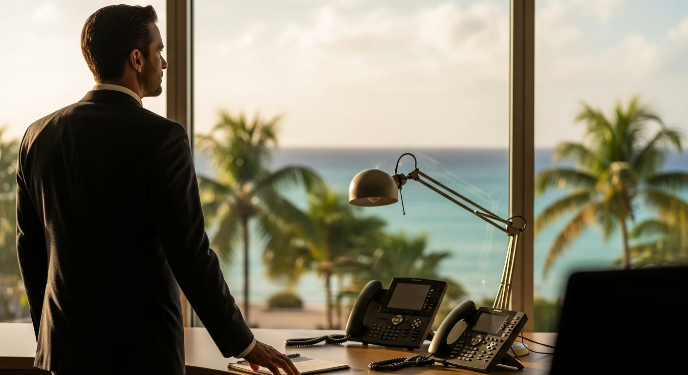 A professional executive stands in a modern office overlooking the French Caribbean, representing the new leadership transition for Orange Antilles-Guyane operations.