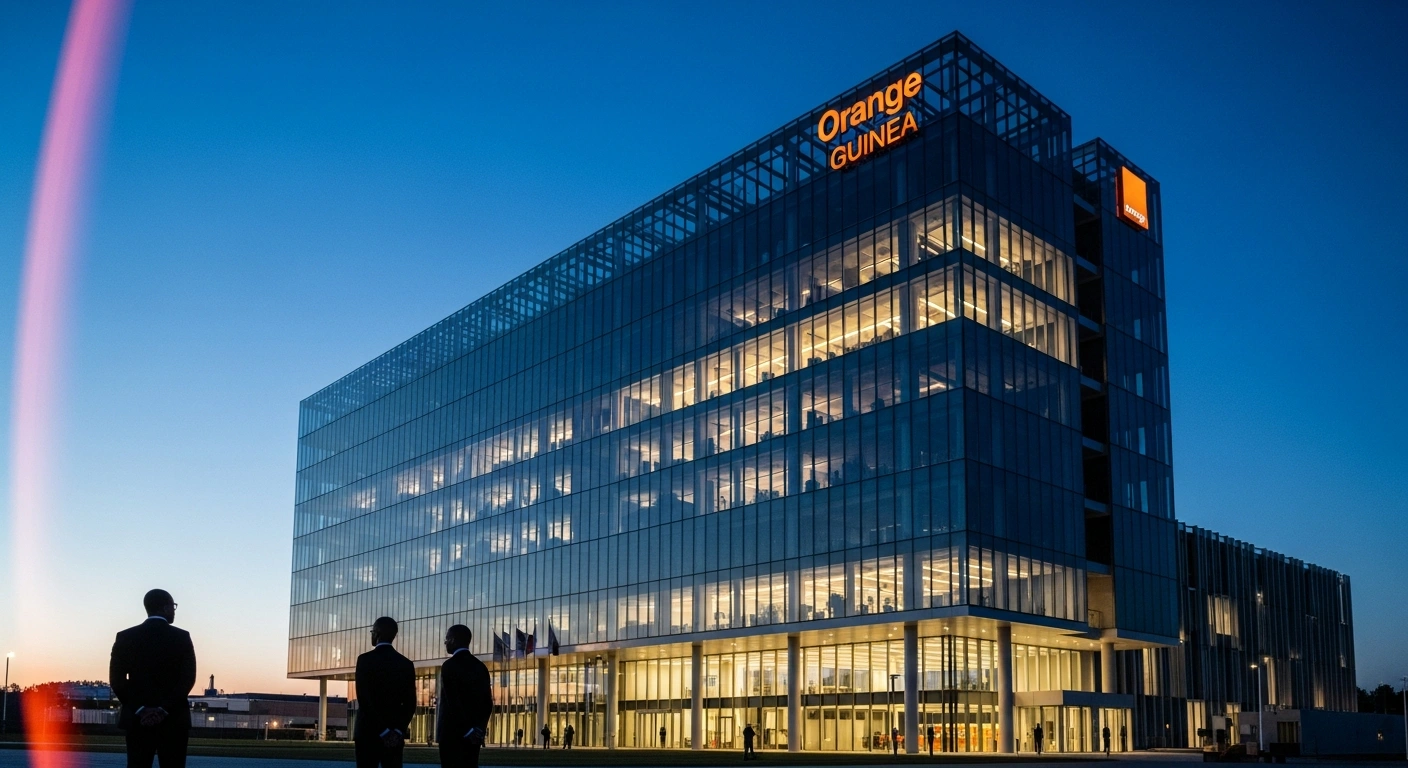 An ultramodern Orange Guinea headquarters building in Koloma, Conakry, glows with warm light at dusk, symbolizing the company's investment and commitment to Guinea's digital transformation, with dignitaries present for its inauguration.