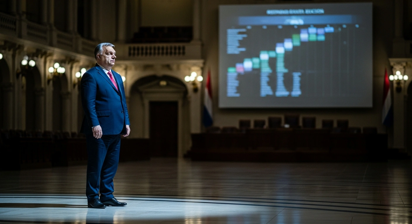 Hungarian Prime Minister Viktor Orbán stands alone in a grand, dimly lit hall, reflecting on recent opinion polls indicating a decline in his Fidesz party's ratings and the rise of the opposition Tisza party, following his decision to postpone a prime ministerial candidate announcement.