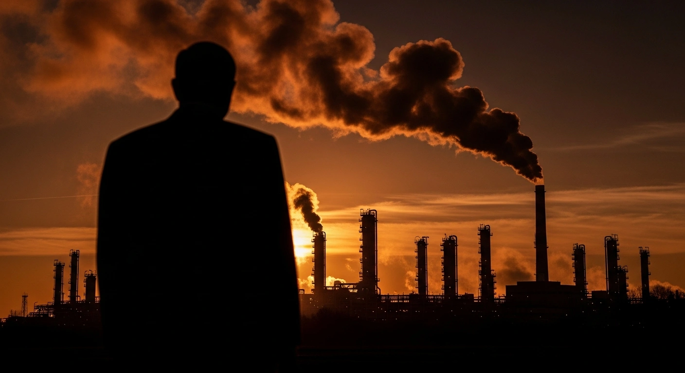 A lone, silhouetted figure stands before the smoldering Danube Refinery in Százhalombatta at dusk, where an inferno occurred on October 20, 2025, symbolizing the ongoing investigation into a possible 'external attack' hinted at by Hungarian Prime Minister Viktor Orbán, which contradicts MOL's assessment of no external interference.