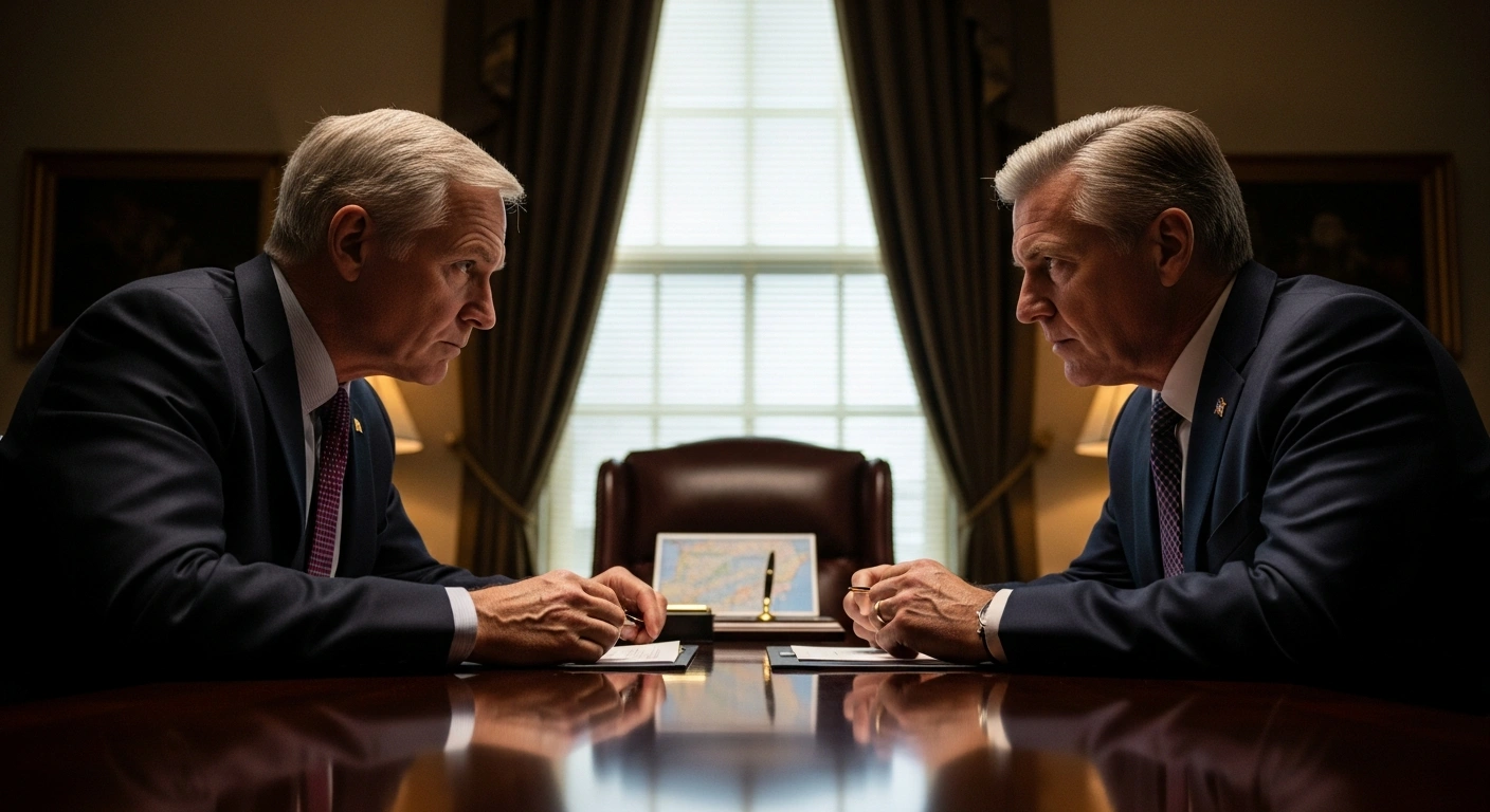 A dramatic, low-angle photograph shows Hungarian Prime Minister Viktor Orbán and Donald Trump engaged in an intense discussion across a polished table in a dimly lit Washington D.C. office, symbolizing their meeting about Russian oil sanctions, a Ukraine peace summit, and energy cooperation.