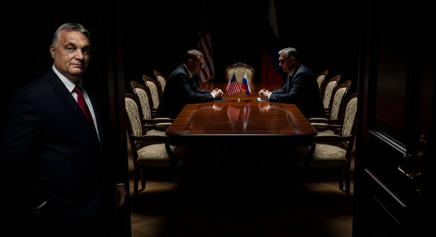 A dimly lit scene depicts two silhouetted figures, representing the United States and Russia, negotiating at a long table with empty chairs around them, symbolizing the exclusion of Ukraine and European nations, while a figure representing Hungarian Prime Minister Viktor Orbán observes from a doorway, suggesting Hungary's potential benefit from such an agreement.
