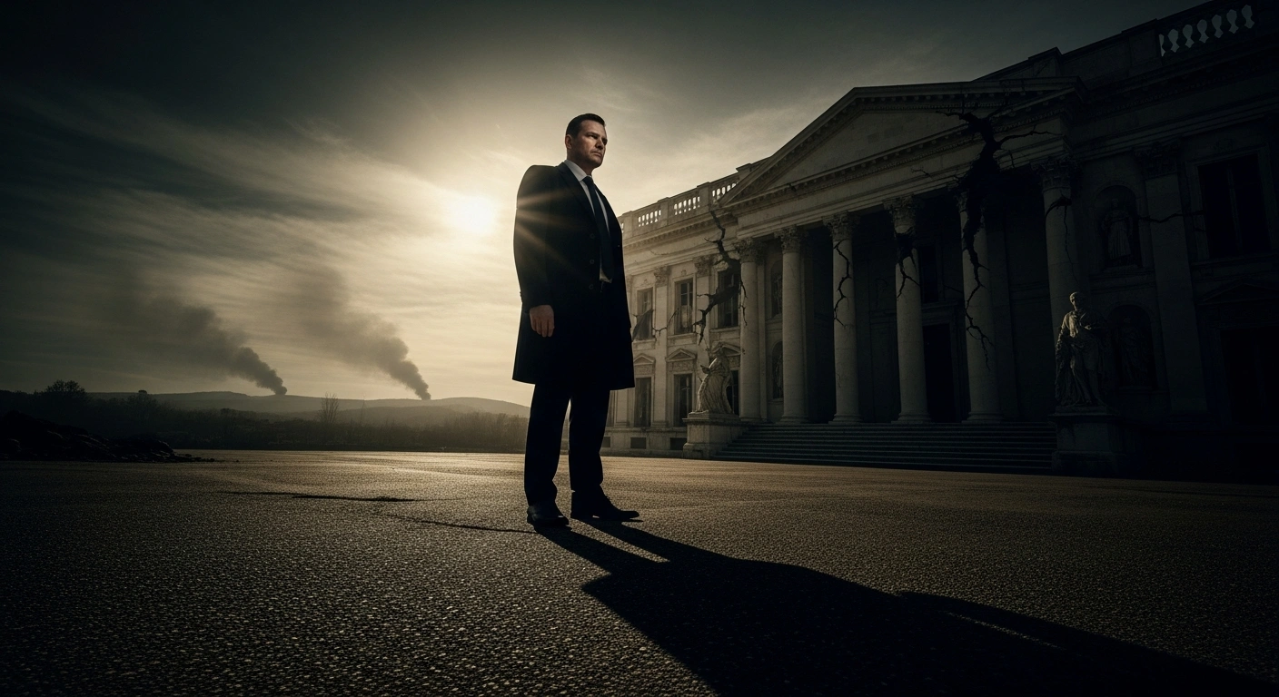 A stern figure, representing Hungarian Prime Minister Viktor Orban, stands before a crumbling classical European building, symbolizing the European Union, with distant smoke plumes suggesting the war in Ukraine and escalating tensions with Russia over financial aid and frozen assets.