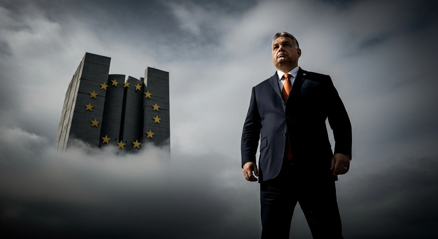 Hungarian Prime Minister Viktor Orban stands defiantly against a stormy sky, with a monolithic structure symbolizing the European Union in the background, representing his sharp criticism and vow not to implement the EU's migration pact.