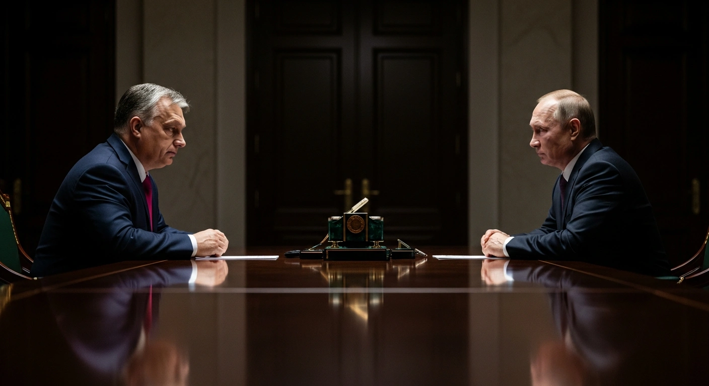 Hungarian Prime Minister Viktor Orbán and Russian President Vladimir Putin are seated across a long, polished table in a formal setting, engaged in talks in Moscow regarding energy supplies for Hungary and peace efforts in Ukraine.