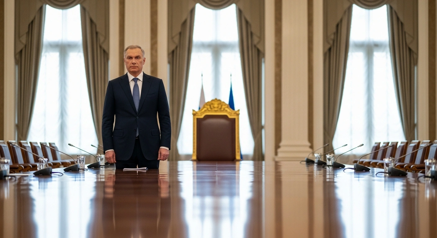 Maxim Oreshkin, appointed by Russian President Vladimir Putin, stands confidently at the head of a grand conference table, representing Russia's delegation for the G20 summit in Johannesburg, with an empty chair subtly indicating Putin's absence.