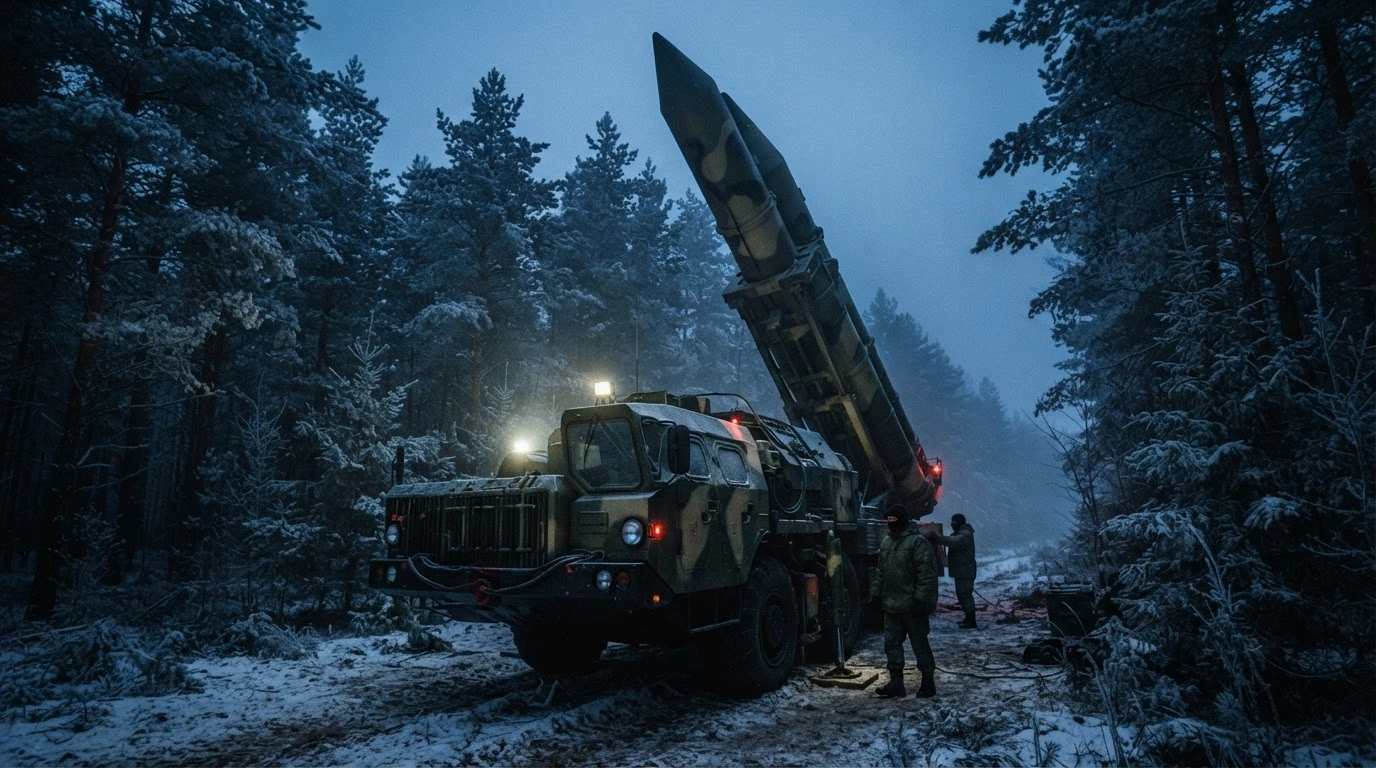 A Russian Oreshnik missile system is deployed in a forest near the Ukrainian border as part of the 101st Missile Brigade's movement into Belarus.