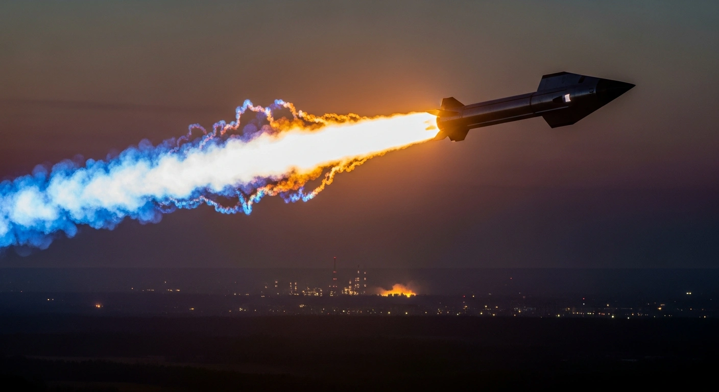 A hypersonic Oreshnik ballistic missile streaks through the sky toward a defense facility in Dnipro during its first combat deployment.