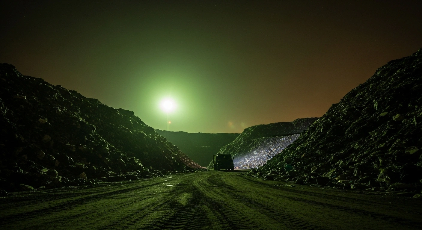 A wide, low-angle shot captures towering mounds of illegally dumped industrial waste under a sickly green, polluted night sky, with a dark, nondescript vehicle at the base, visually representing the widespread illegal waste dumping by organized crime groups in the UK and its significant economic cost.