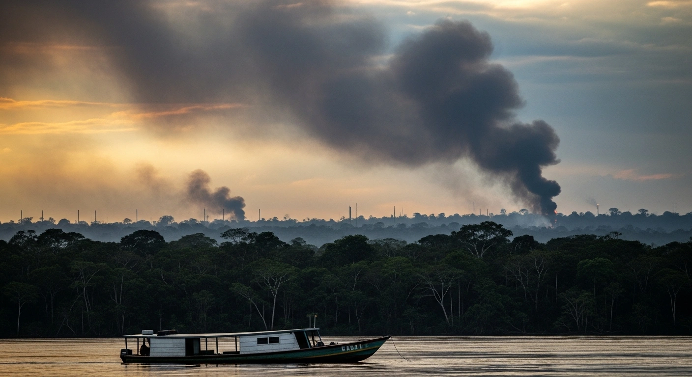 An aerial view of the Amazon rainforest shows illegal deforestation and smoke rising from the jungle, representing the presence of organized criminal groups involved in mining and logging.