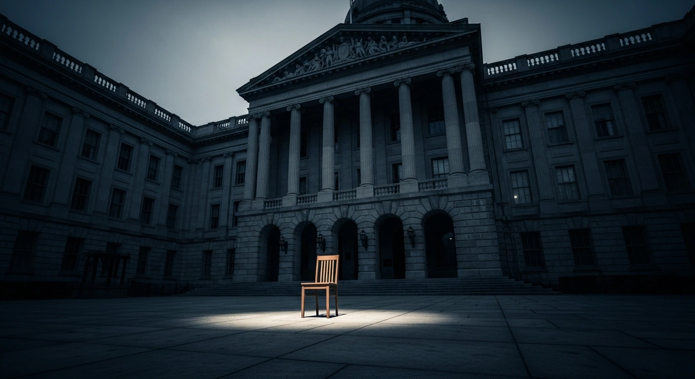 An empty chair sits in a desolate plaza in front of a government building, representing the influence of organized crime on Mexican local authorities.