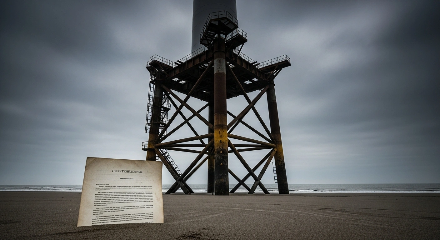A partially constructed offshore wind turbine stands under a stormy sky, with a legal document partially buried in the sand in the foreground, symbolizing Ørsted's legal challenge against the US government's suspension of the 87% complete Revolution Wind project.