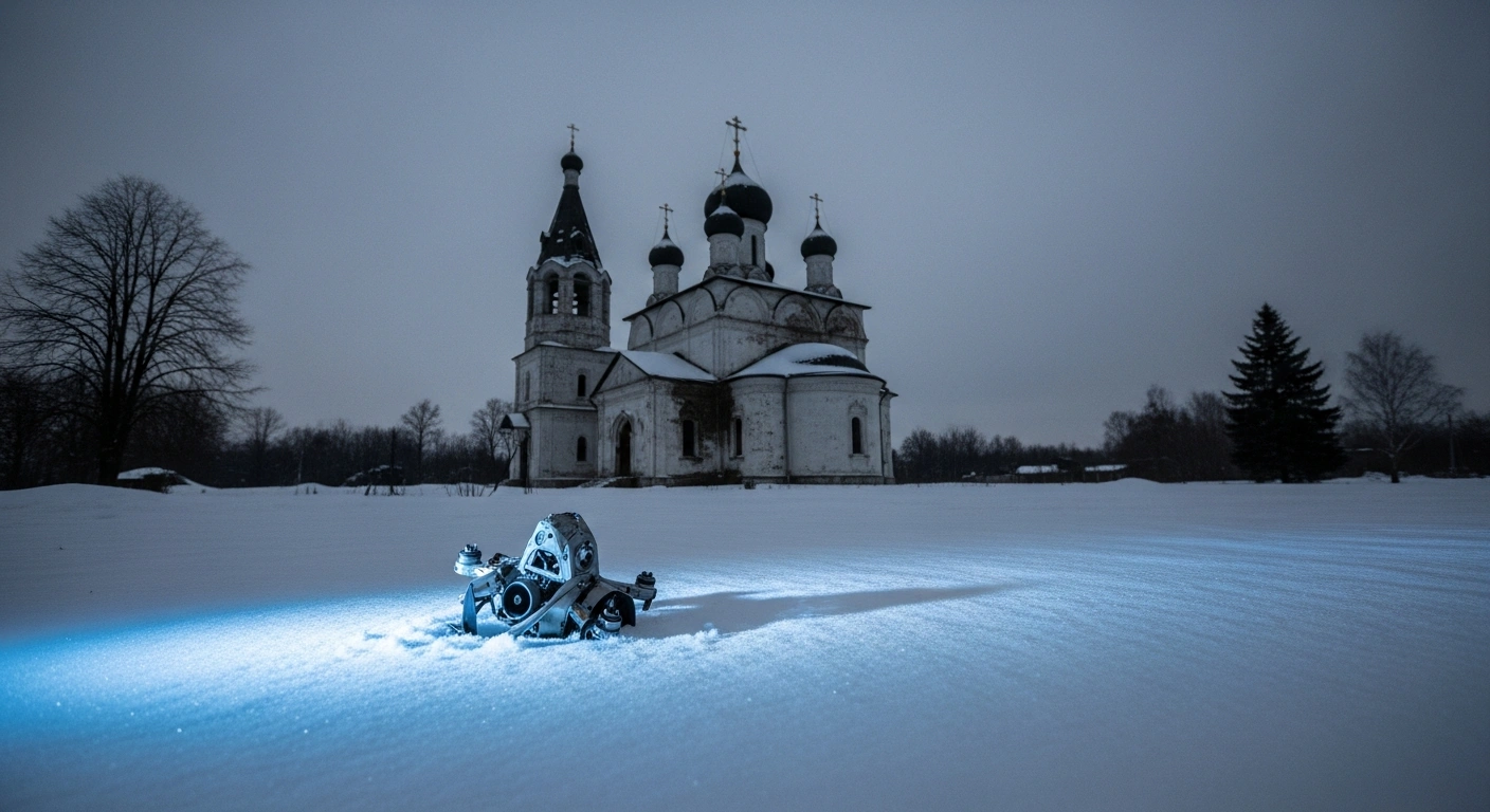 A snow-dusted, partially damaged Orthodox church stands under a bruised, icy grey pre-dawn sky, with a piece of metallic, Western-made drone fragment lying in the foreground snow, representing a potential false-flag provocation around Orthodox Christmas.