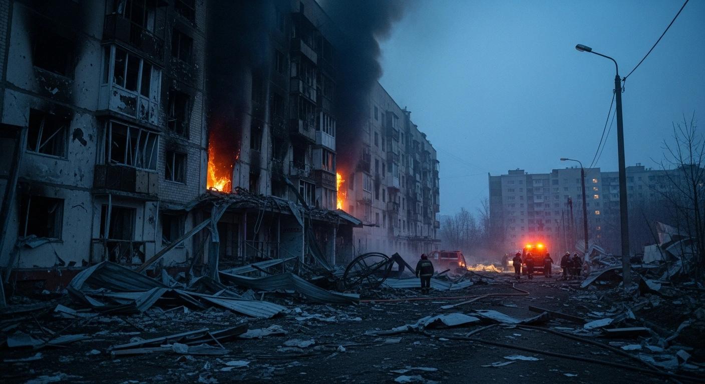 Emergency responders work at the scene of a damaged residential building in Oryol following a drone strike that caused casualties.