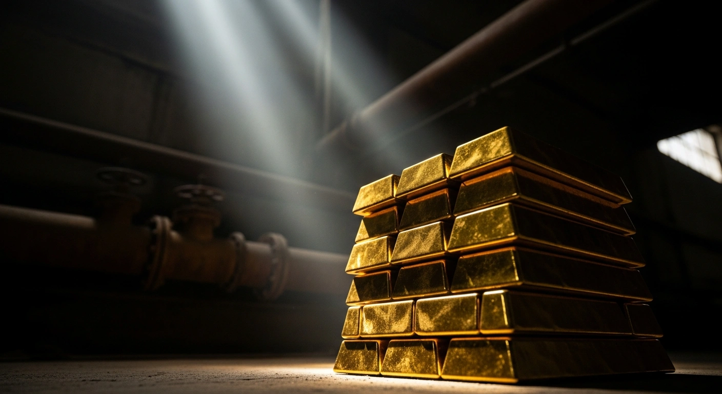 A stack of gleaming gold bars is dramatically illuminated by a single shaft of light in a dimly lit, industrial setting, with blurred, corroded water pipes visible in the background, symbolizing Osaka's anonymous 21-kilogram gold donation for aging water infrastructure repairs.