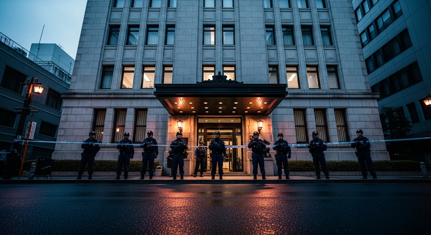 Osaka Prefectural Police officers stand outside an office building associated with the Yamaguchi-gumi during a raid investigation.