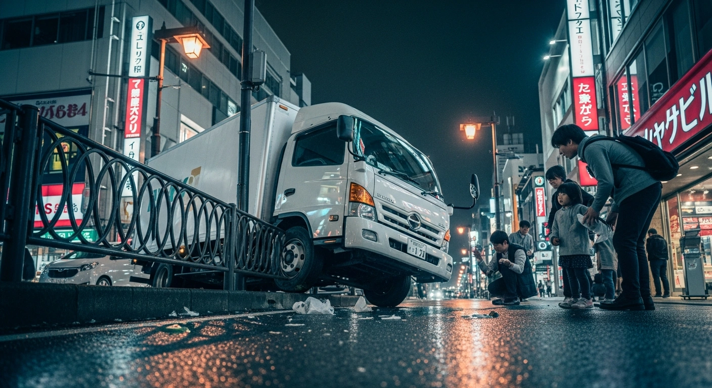 A small silver delivery truck with a slightly crumpled front bumper rests against a shattered street barrier on a wet Midosuji Avenue in Osaka's Namba district, surrounded by shocked pedestrians, one holding a child, after a driver confused the accelerator and brake, causing minor injuries.