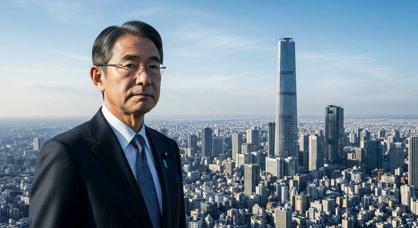Osaka Governor Hirofumi Yoshimura stands determinedly against a backdrop of a modern Osaka cityscape, advocating for a referendum on the Osaka Metropolis Plan following his reelection.