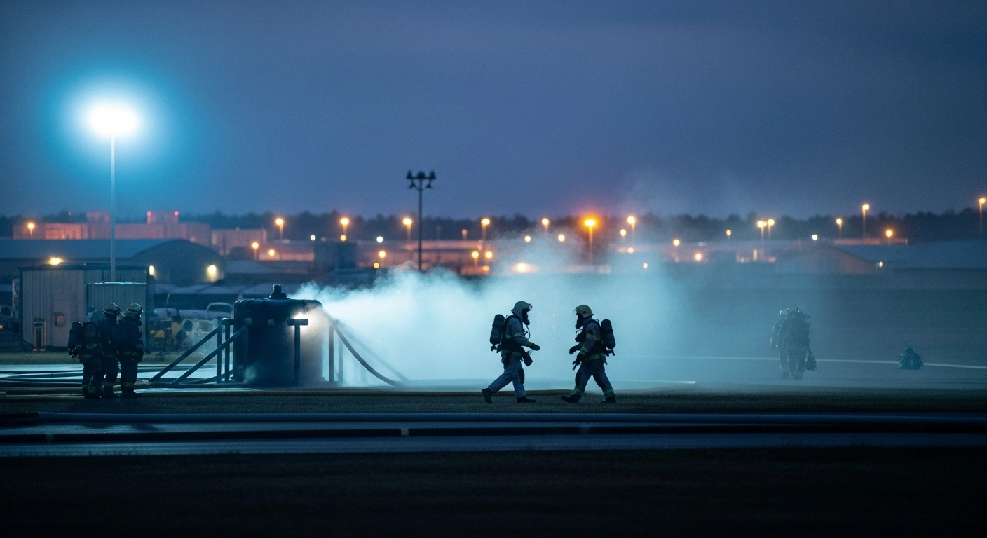Emergency responders in hazmat suits work to contain a white phosphorus leak at the Osan Air Base in South Korea.