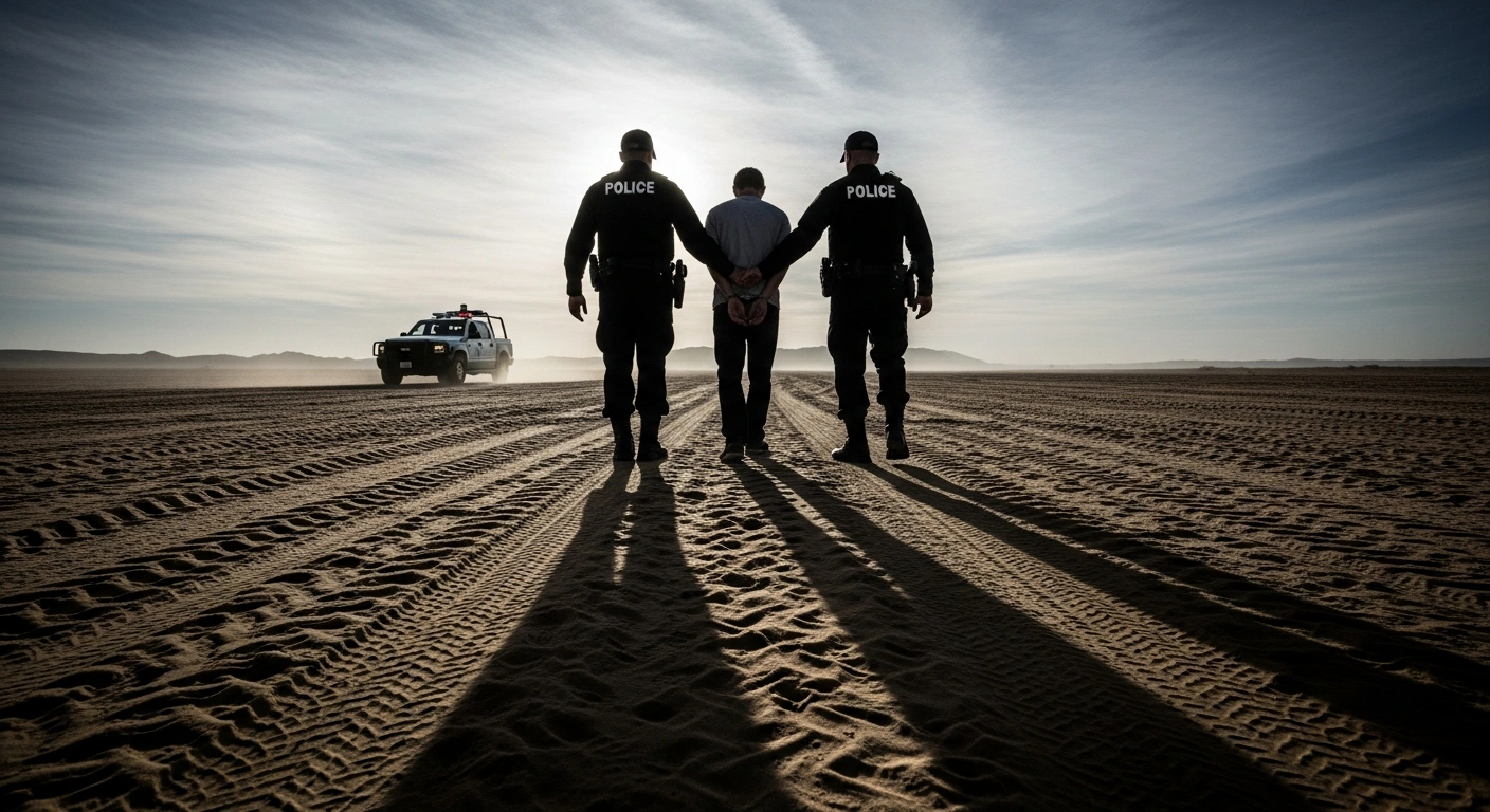 A lone male figure, with hands cuffed behind his back, is escorted by two uniformed officers across a desolate, dusty desert landscape under a pre-dawn sky, representing the apprehension and deportation of Oscar Noe Alday to Tucson after his escape from Pima County Jail.