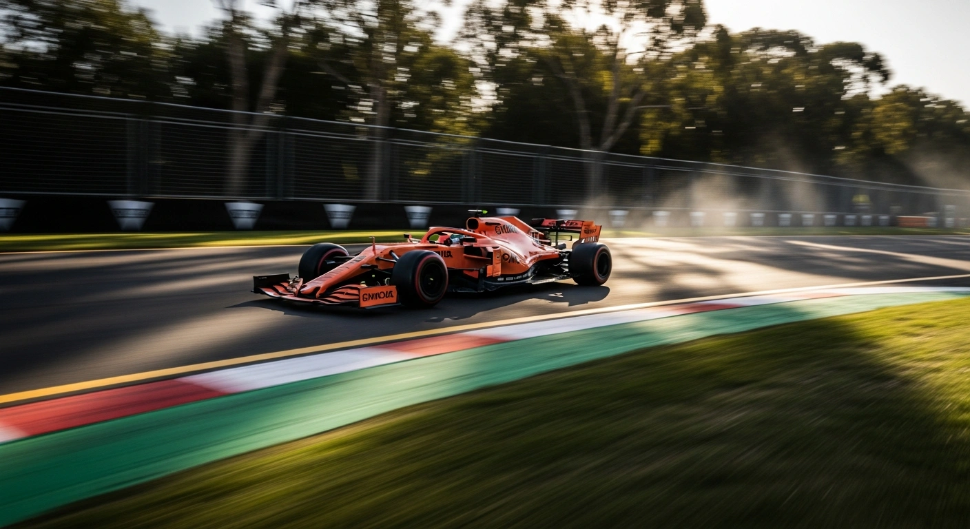 A McLaren Formula 1 car driven by Oscar Piastri speeds around the Albert Park circuit during the Australian Grand Prix practice session.