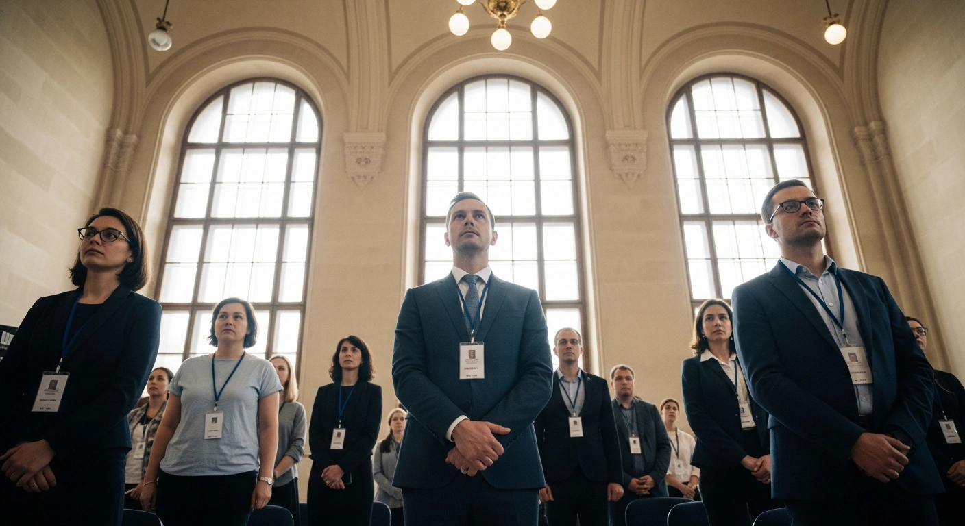 A diverse group of international election observers, led by a prominent figure, stands in a grand, sunlit hall in Hungary, symbolizing the OSCE ODIHR's mission to monitor the upcoming parliamentary elections.