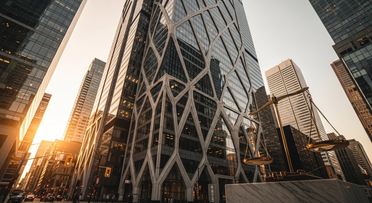 A modern glass skyscraper in a financial district represents the regulatory adjustment by the Office of the Superintendent of Financial Institutions regarding Canada's domestic stability buffer for major banks.