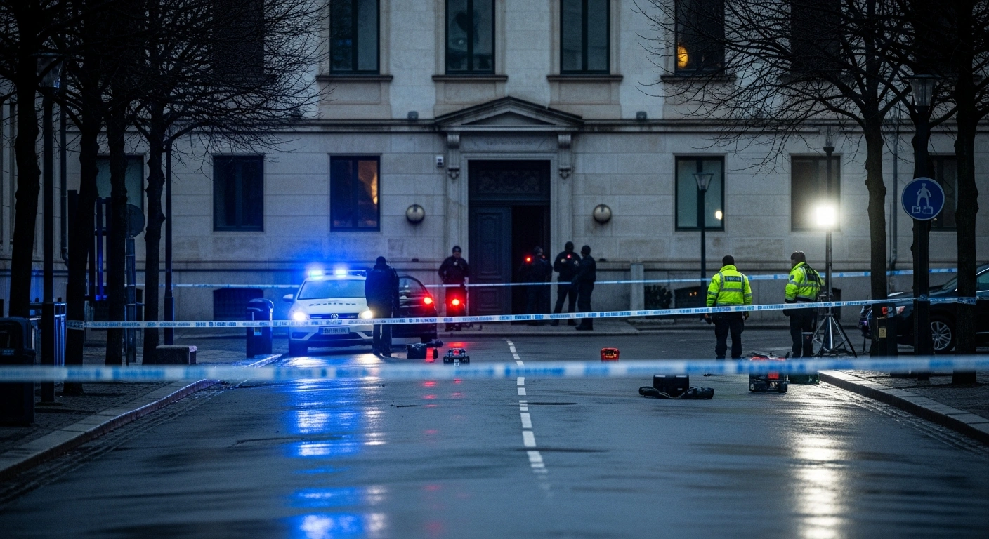 Norwegian police officers investigate the scene of an explosion at the entrance of the U.S. Embassy in Oslo.