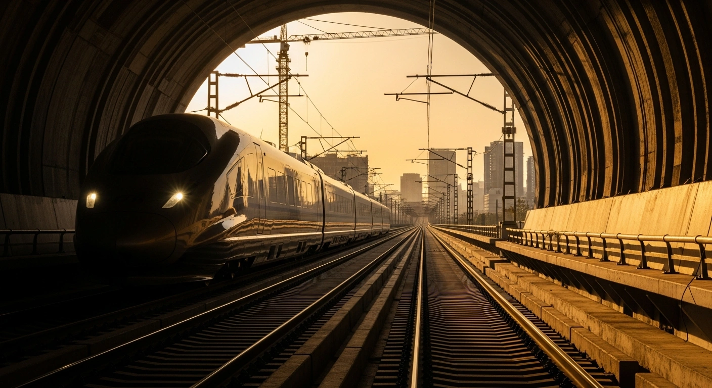 A sleek, modern train emerges from a newly constructed tunnel entrance during golden hour, with construction cranes and a city skyline in the background, symbolizing the infrastructure development agreement between Sweco and Sporveien for Oslo's public transport.