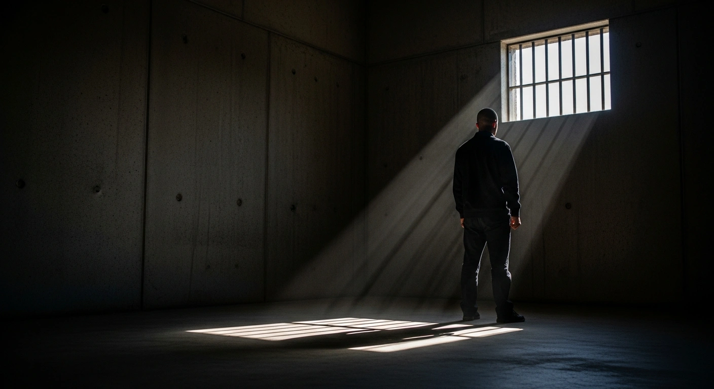 A solitary figure stands with their back to the viewer in a stark, concrete cell, with a narrow beam of light entering through a high-barred window, depicting the plight of jailed Turkish philanthropist Osman Kavala and the suppression of critical voices in Turkey.