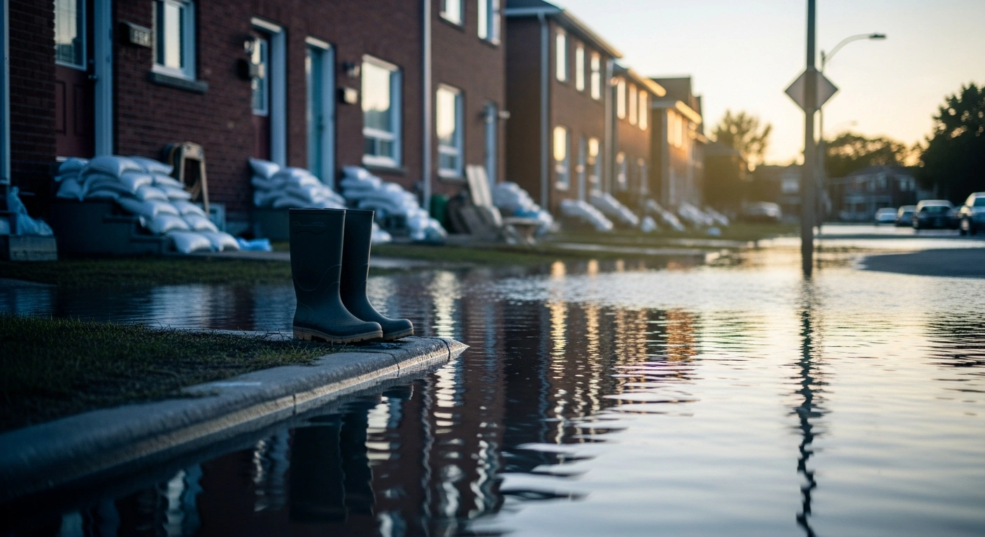 A flooded residential street in Ottawa shows homes protected by sandbags as the city and provincial government coordinate disaster recovery assistance for affected residents.