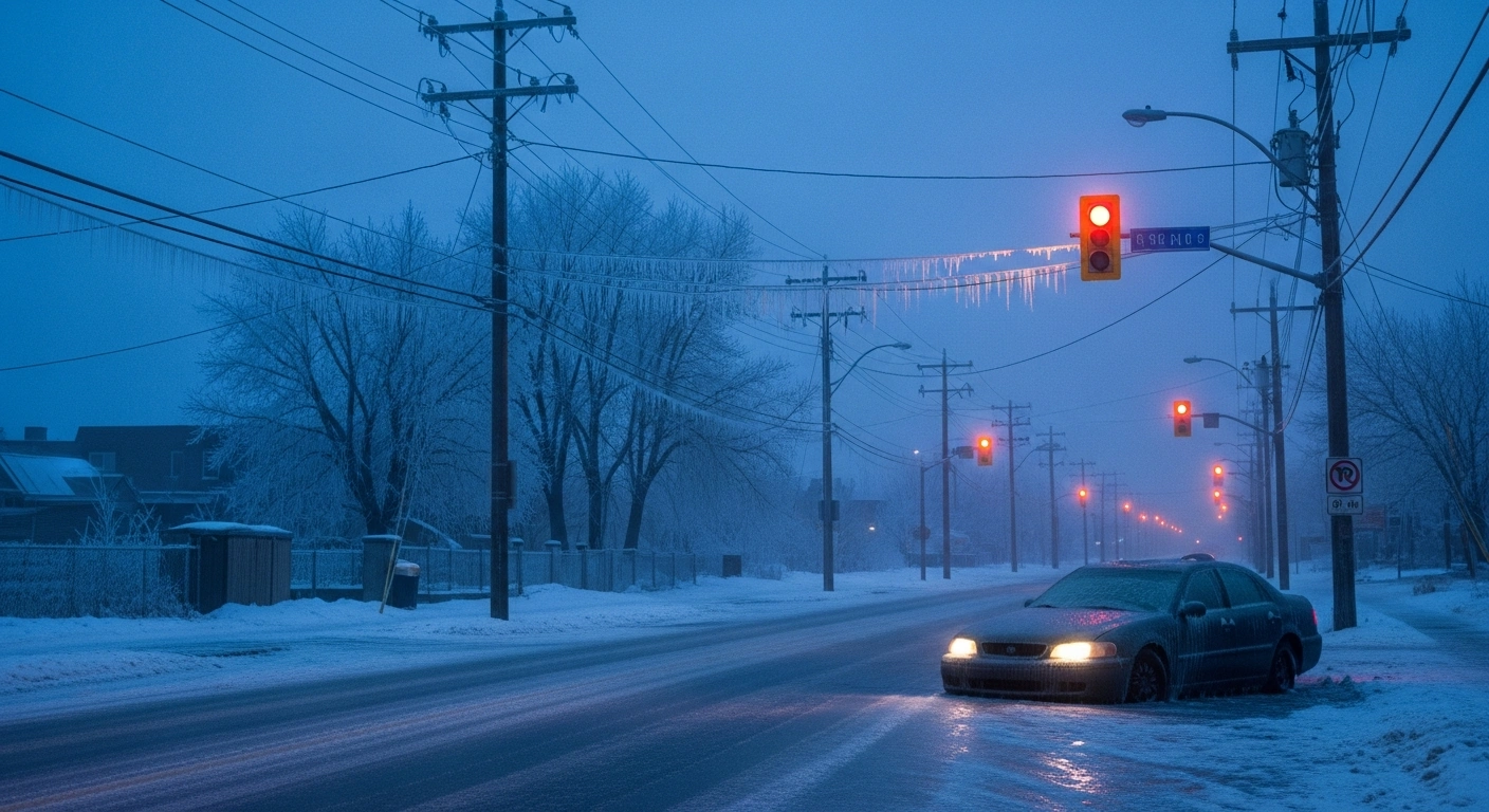 A desolate Ottawa street at pre-dawn, covered in a thick layer of freezing rain, with ice-laden power lines sagging and a car stuck on the hazardous road, illustrating the dangers of a freezing rain warning.