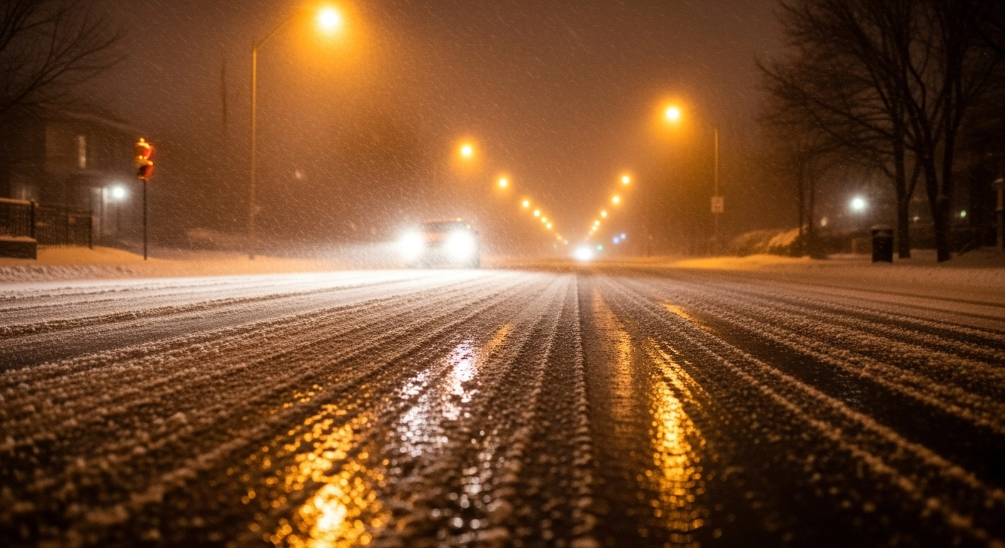 A car drives cautiously down an Ottawa street during a heavy snowstorm with freezing rain conditions.