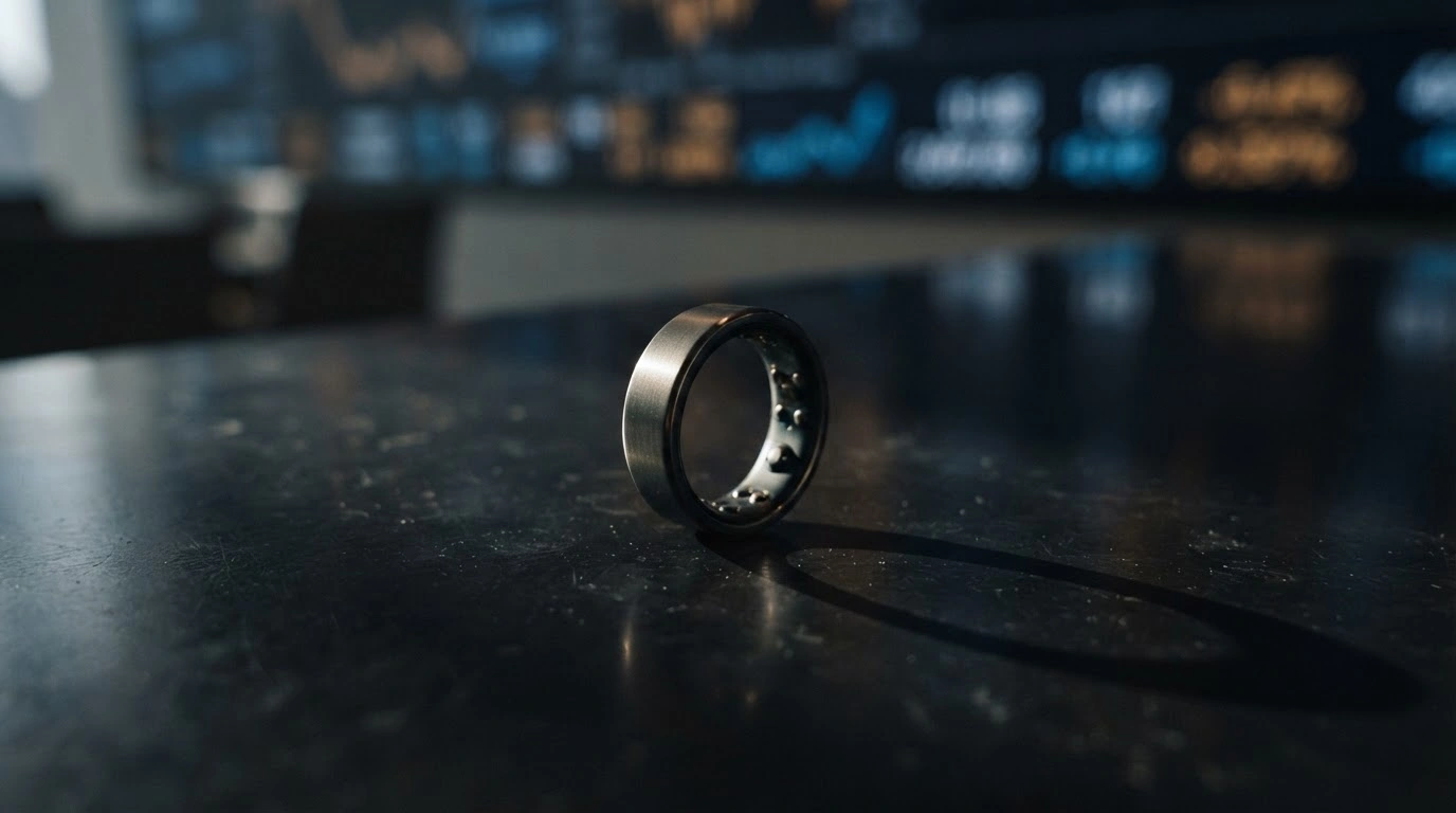 A close-up of an Oura Ring resting on a dark surface with a blurred financial stock market background representing the company's delayed initial public offering.