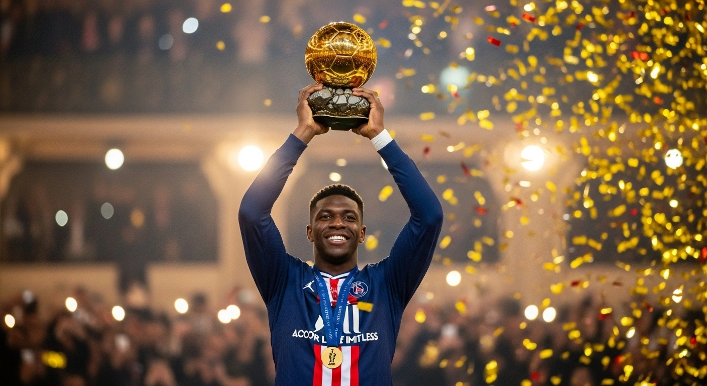 Ousmane Dembélé stands triumphantly on a stage in Paris, holding the golden 2025 Ballon d'Or trophy above his head, surrounded by falling confetti after leading Paris Saint-Germain to a historic treble.