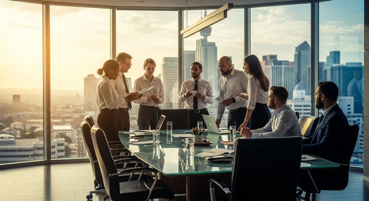 A group of professionals collaborates in a modern office to discuss strategic funding opportunities for the Outsourced CFO Capital Connect programme.