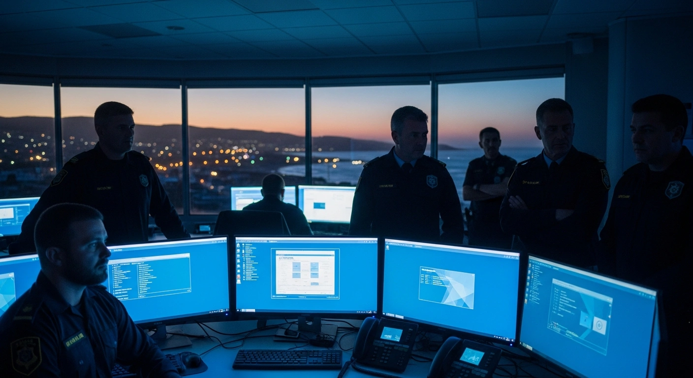 Local authorities and law enforcement officers coordinate safety efforts inside an incident command center in the Overstrand Municipality to protect residents.