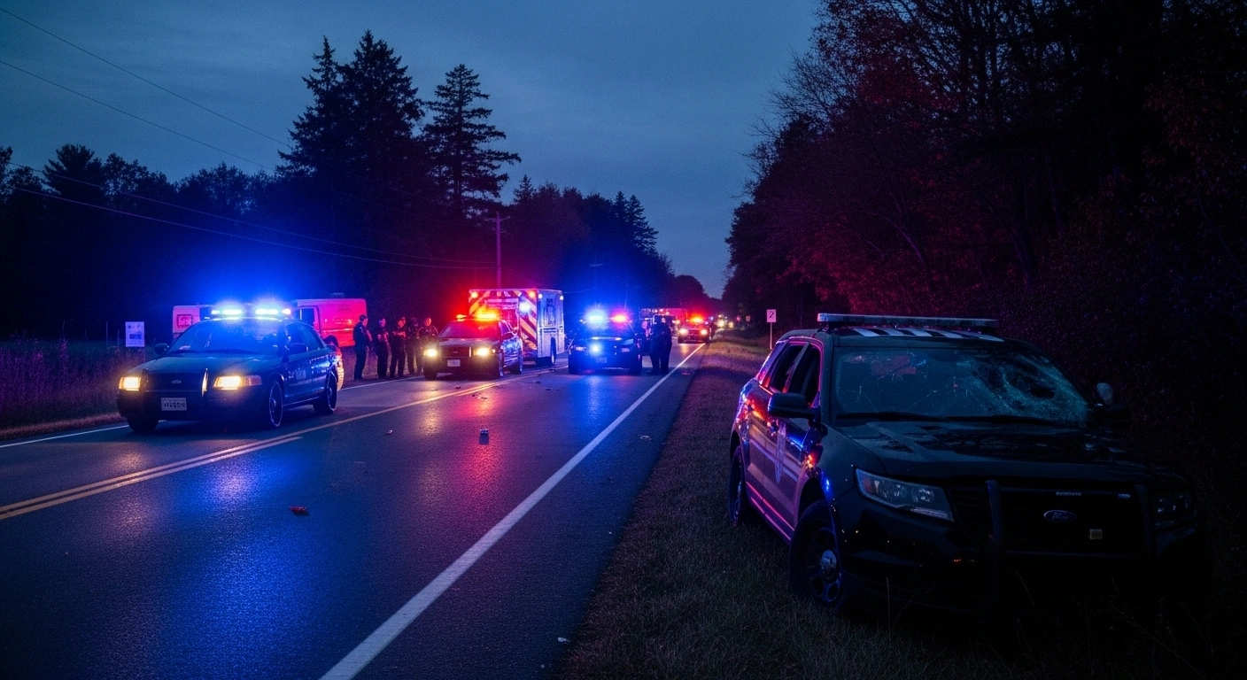 A wide, low-angle shot depicts the chaotic aftermath of an evening shootout on a rural Franklin County road, with strobing blue and red emergency lights from multiple police cruisers illuminating a heavily damaged vehicle, reflecting the incident where Pennsylvania State Police troopers were shot and injured and a suspect was killed.