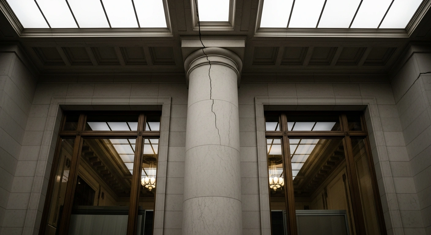 A grand, imposing neoclassical bank building, symbolizing Pacific Private Bank, stands under harsh, revealing light with a subtle crack in its foundation, representing the revocation of its international banking license by Vanuatu's Reserve Bank due to an alleged crypto scandal involving ICO funds.