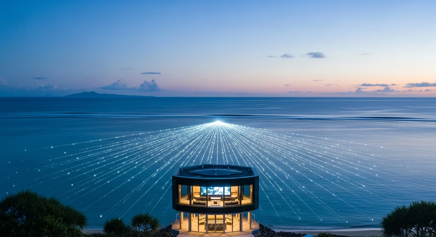 A photorealistic aerial view at dawn shows a modern media hub building on the remote coastline of Savusavu, Fiji, with glowing digital lines extending across the vast, blue Pacific Ocean towards distant islands, representing the theme 'Reaching the Remote: Media and Digital Innovation for a Connected Blue Pacific' for the 8th Pacific Media Summit taking place from September 21 to 25, 2026.