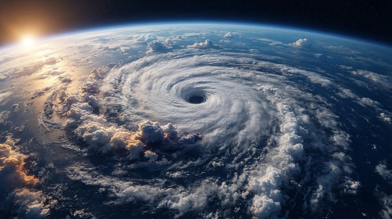A satellite view of a powerful tropical cyclone swirling over the Pacific Ocean as it strengthens into a typhoon.