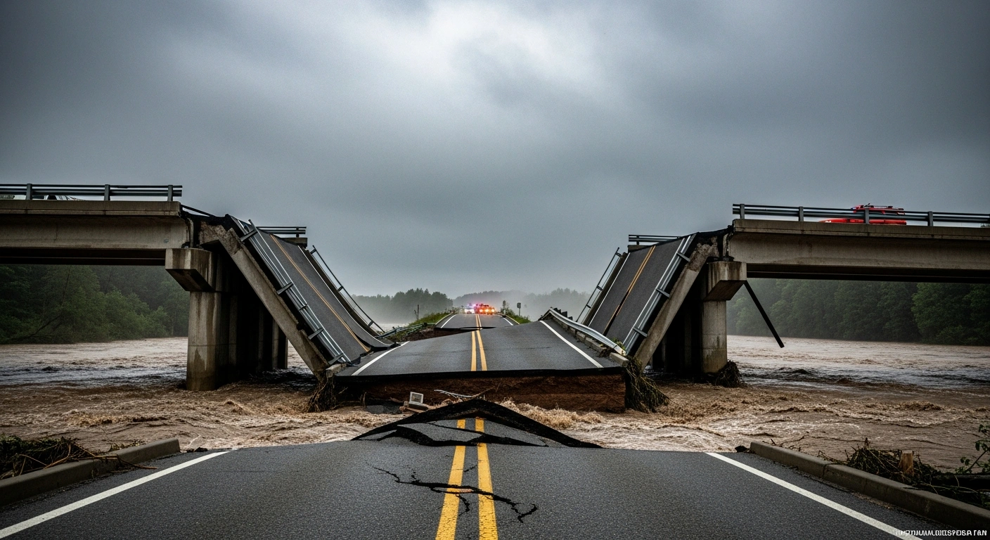 A wide, low-angle view of a partially collapsed concrete bridge over a raging, muddy river in Padang, West Sumatra, illustrating severe infrastructure damage from flash floods and landslides, with emergency response efforts visible in the distance.