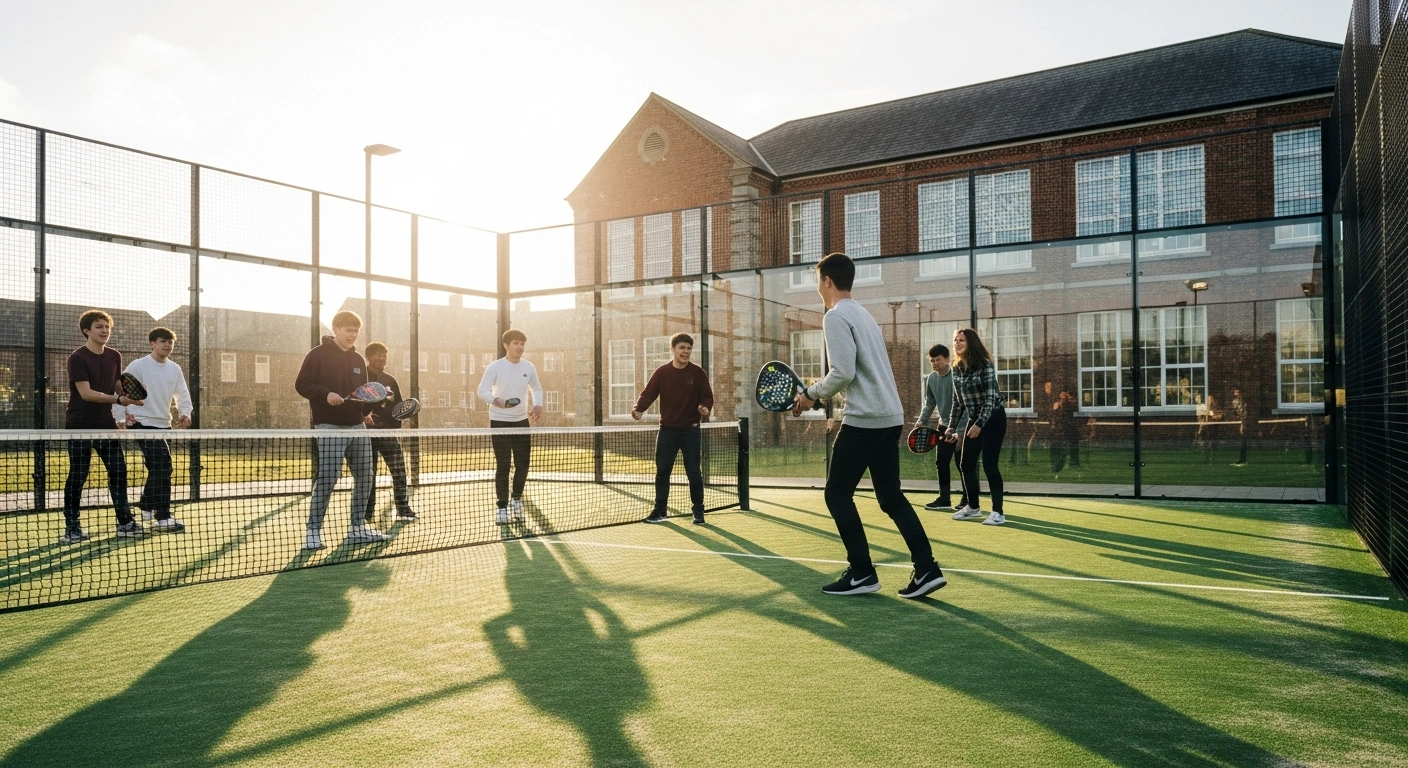 A group of students plays a game of padel on a new court installed at an Irish school as part of a community sports initiative.