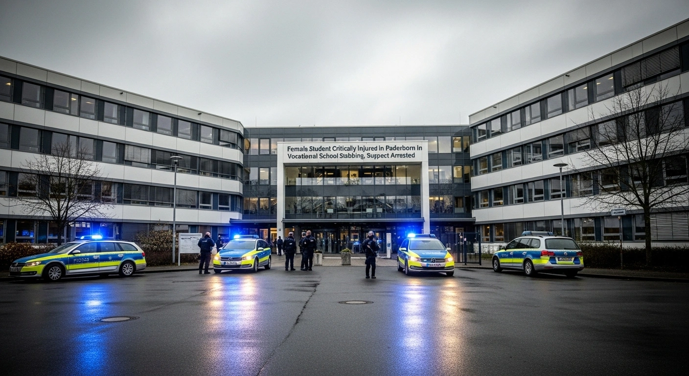 A wide, low-angle shot of the Westfalenkolleg vocational school in Paderborn, Germany, shows police vehicles with flashing lights and officers standing grimly outside, following a knife attack where a female student was critically injured by a fellow student.