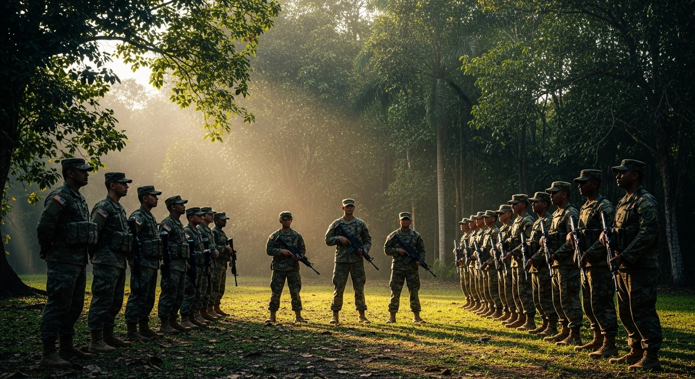 Soldiers from the Oklahoma National Guard and the Royal Brunei Land Force stand together during the opening ceremony of Exercise Pahlawan Warrior 26 in Brunei Darussalam.