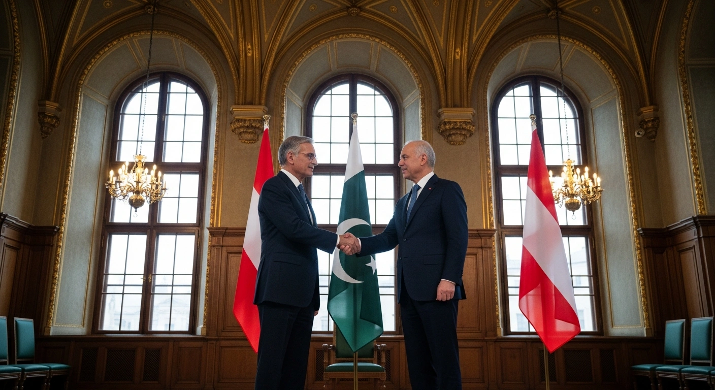 Pakistan's Prime Minister Shehbaz Sharif and Austrian Chancellor Christian Stocker shake hands in a grand, ornate European hall, symbolizing their agreement to enhance economic, trade, and investment cooperation during the first visit by a Pakistani PM to Austria in over three decades.