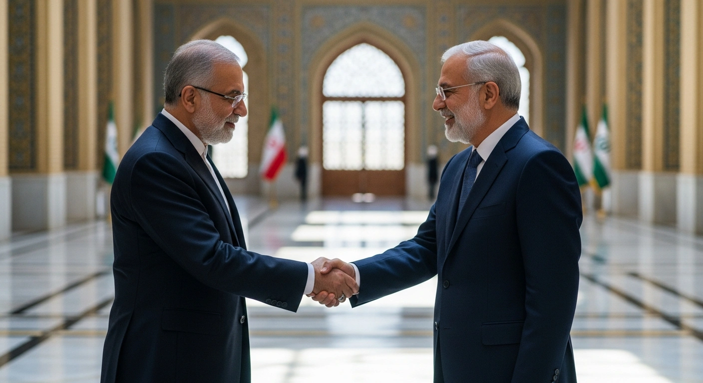 Pakistan's Interior Minister Mohsin Naqvi shakes hands with a high-ranking Iranian official during a diplomatic meeting in Tehran to discuss security cooperation.