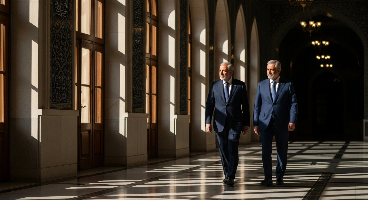 Pakistan's Interior Minister Mohsin Naqvi walks with Iranian officials during a high-level diplomatic meeting in Tehran to discuss regional security.